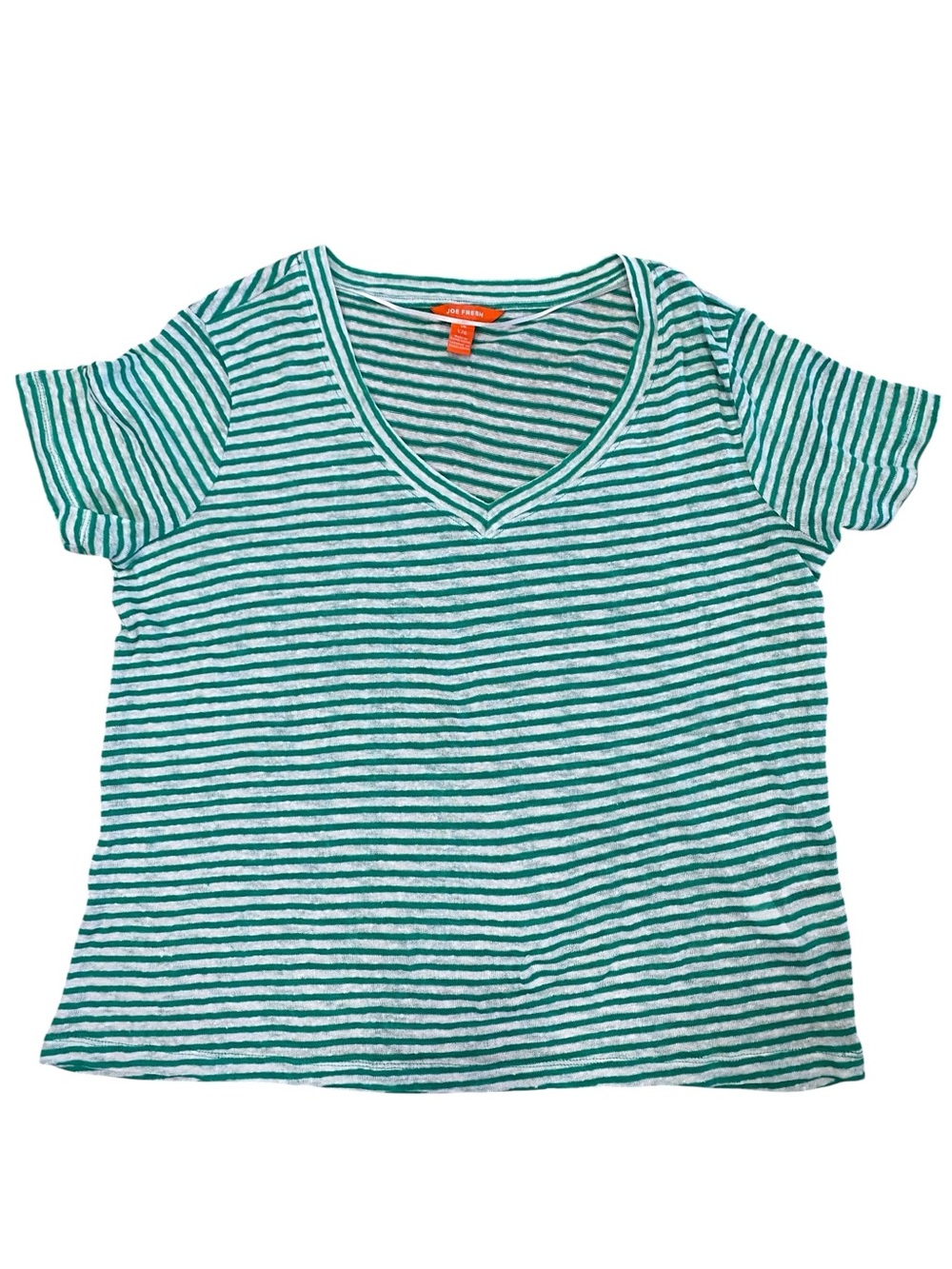 100% Linen Joe Fresh Green Striped V-Neck Tee Size L
